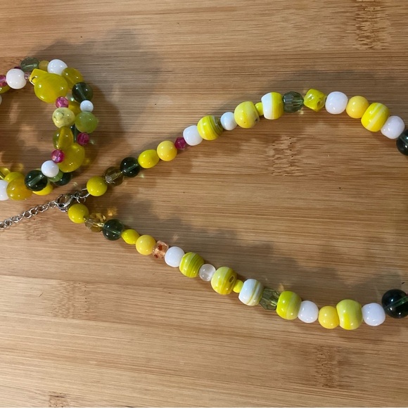 Hand Crafted Necklace Wrap Bracelet Set Yellow Green Multi Mixed Media - Picture 5 of 16